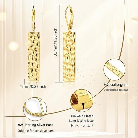 925 Sterling 14K Gold Plated French Leverback Dangle Earrings for Women - Picture 4 of 5